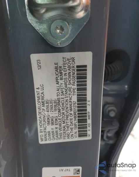 2024 Honda Civic Sport Touring z USA, uszkodzony, nr VIN 19XFL1H80RE012767